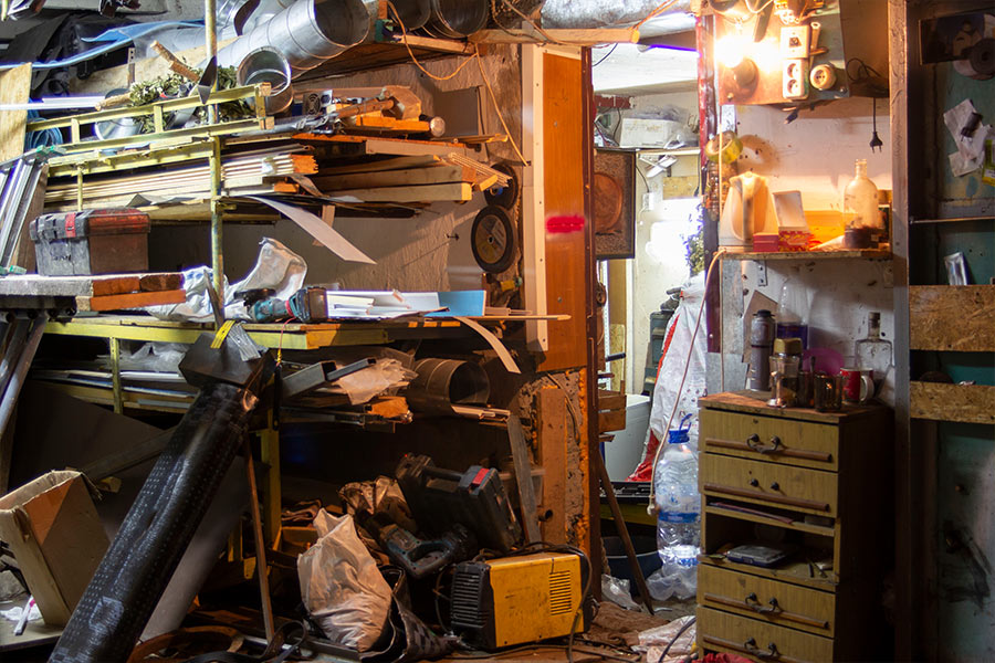 Hoarding cleanup needed at an Arlington, VA, home garage with floor to ceiling hoarded items